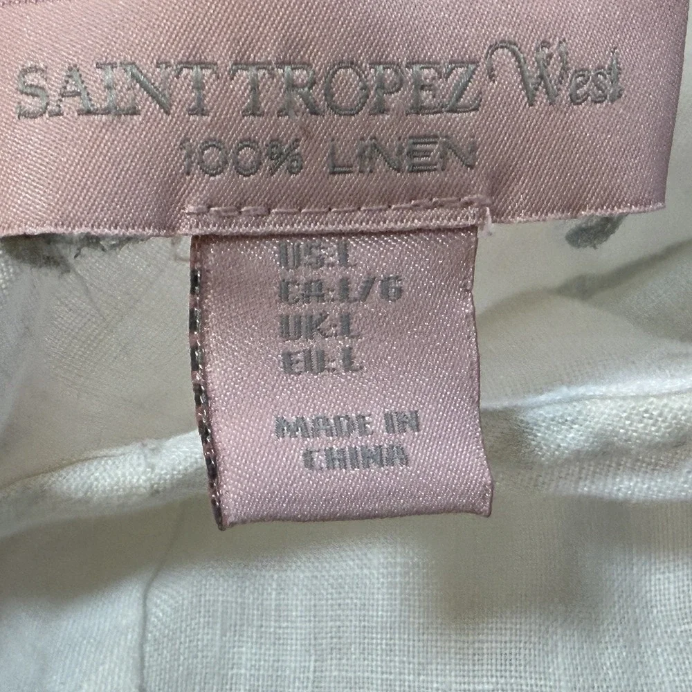 Saint Tropez West Pullover Top Womens Large White 100% Linen Embroidered V-Neck